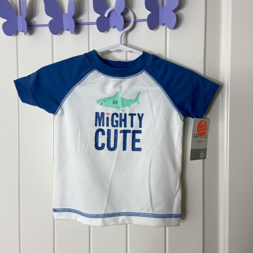 NEW Carter’s baby boy’s shark blue white stretch summer swim shirt pool beach 6M